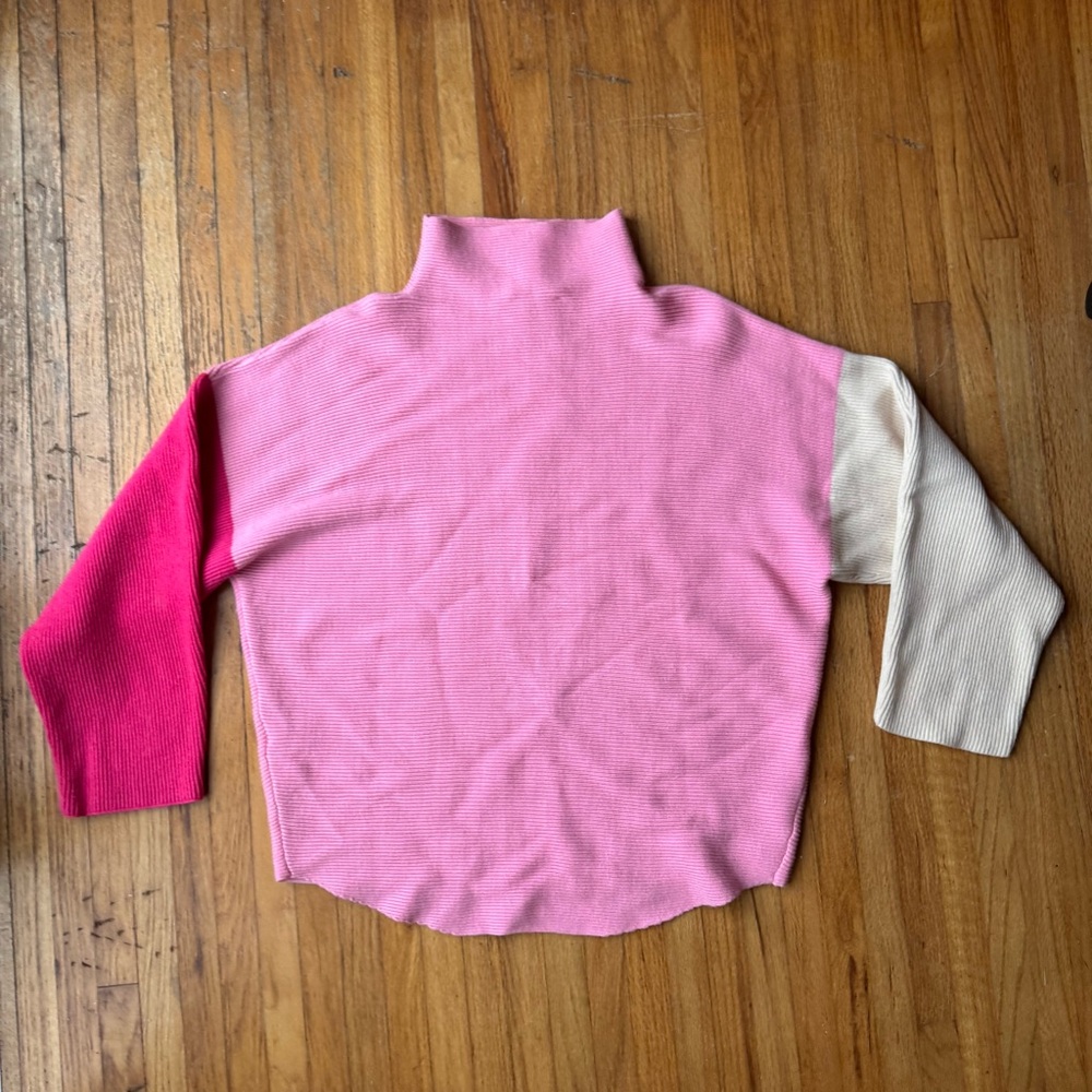SOLD - THML Mock Turtleneck Ribbed Pink & White Color Block Pullover Sweater - Picture 6 of 6